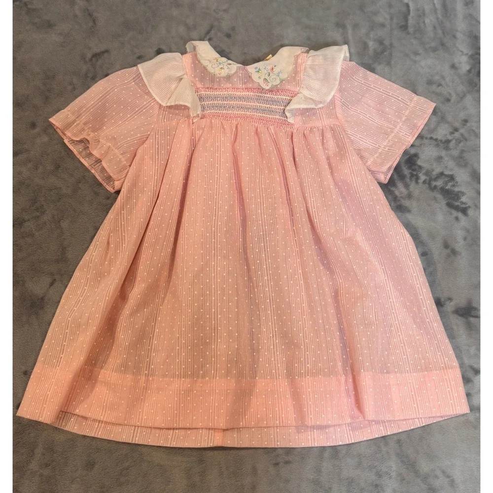 Vintage Pink Smocked Polka Dot Dress Toddler Girls 3T Embroidered Ruffle Sash